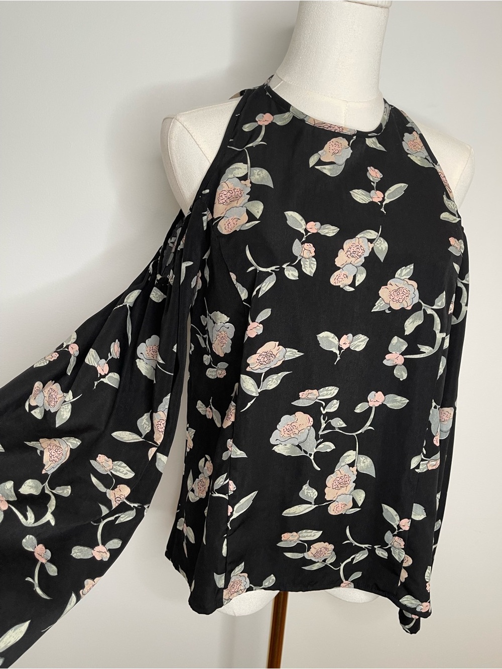 Lucca Black Darm Moody Floral Open Cold Shoulder Romantic Bell Long Sleeves Top